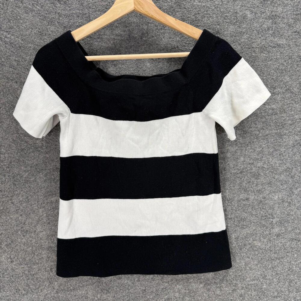 Loft Top Women PS Petite Black Striped Short Sleeve Round Neck Pullover Cotton